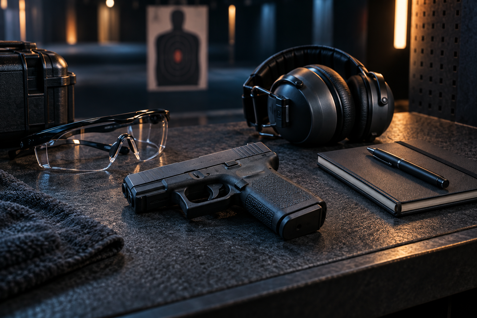 CPL training equipment with a pistol, protective glasses, hearing protection and notebook